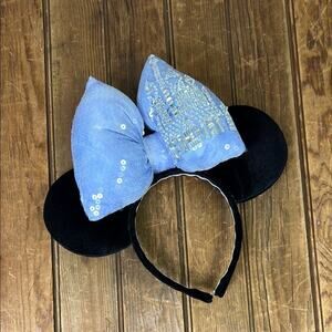 Disney Minnie Mouse Ears headband blue sequins bow with rhinestone castle